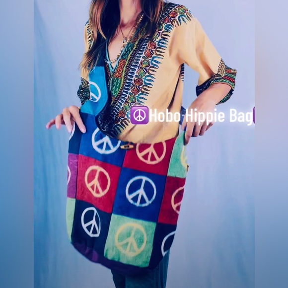 ☮️ Peace Signs Boho Patchwork Style Boho Hobo Hippie Festival Crossbody Bag - Picture 1 of 10
